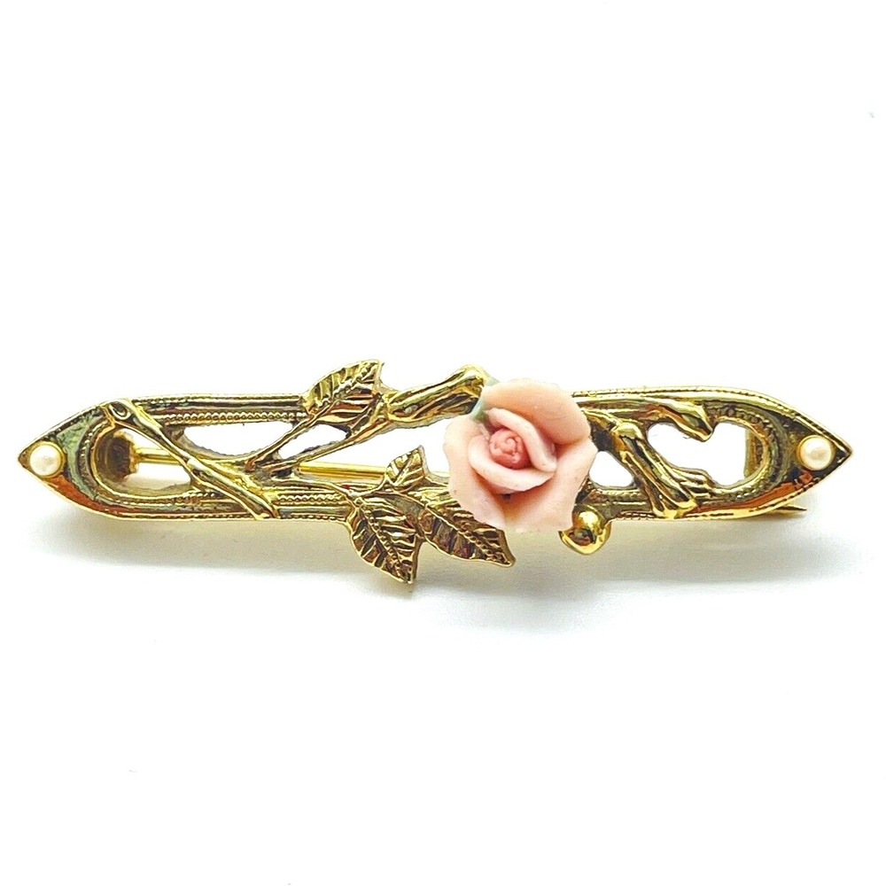 1928 Bar Brooch Pink Rose Faux Pearl Gold Tone Vintage Style Pin Floral